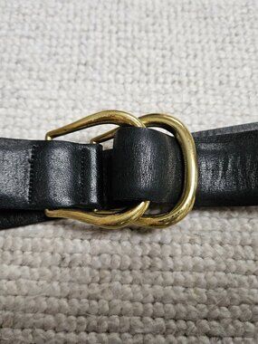 Vintage Halston Cowhide Leather Belt Black 36 Brass Double Buckle Classic Luxury